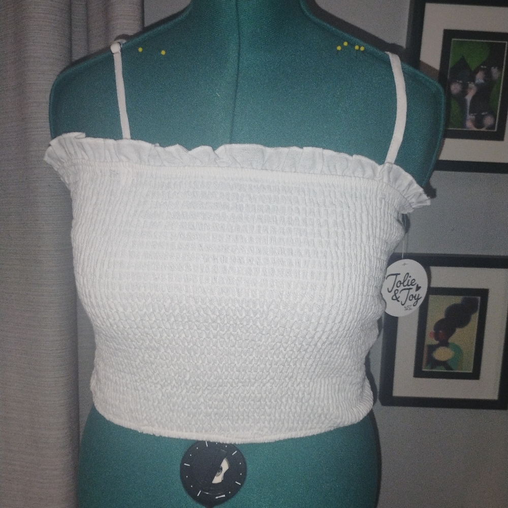 Smocked White Linen-Blend Crop Top, Sz XL - Picture 6 of 7